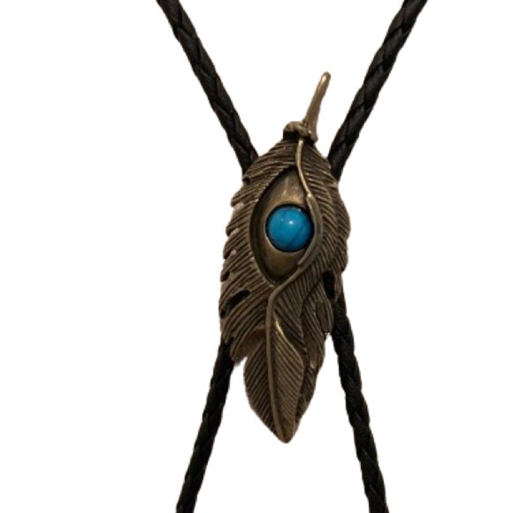 Western Feather Bolo Tie Necklace with Faux Turquoise Stone and Black Cord